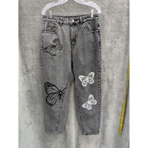 Womens Jeans‎ Large Butterfly Print Casual Charcoal Gray Wash High Rise
